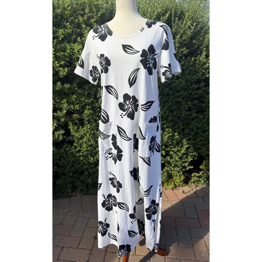 Fresh Cotton by Donna VTG Tropical Hibiscus Maxi Dress Pockets White Black Small